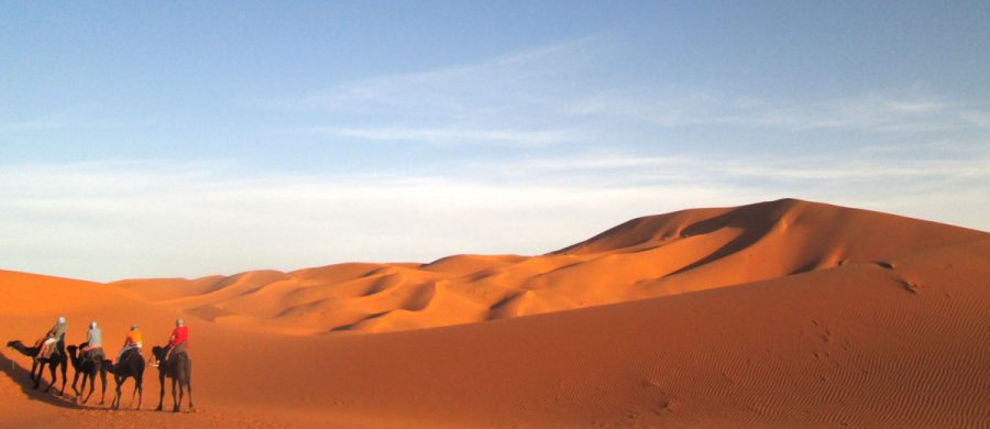 Camel riding in the Sahara Desert near Merzouga, Morocco