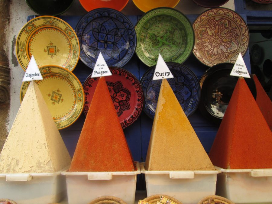 Spices and pottery for sale in Essaouira, Morocco