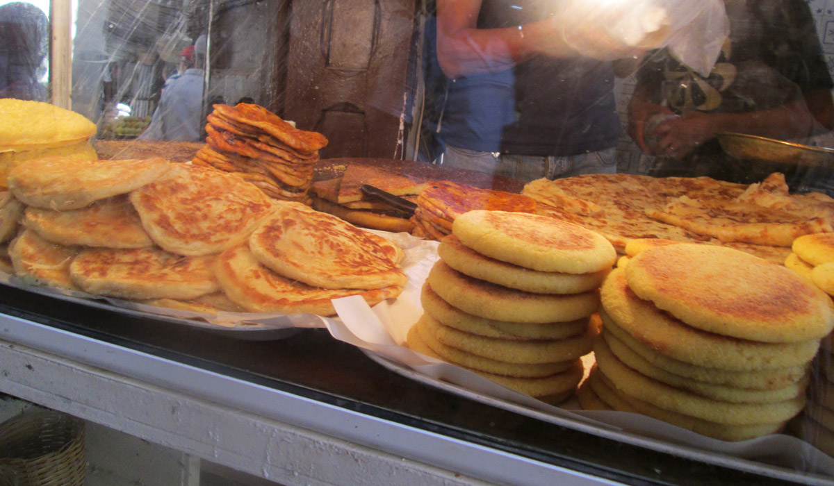 Meloui, beghrir, and msemen for sale in Fes Morocco