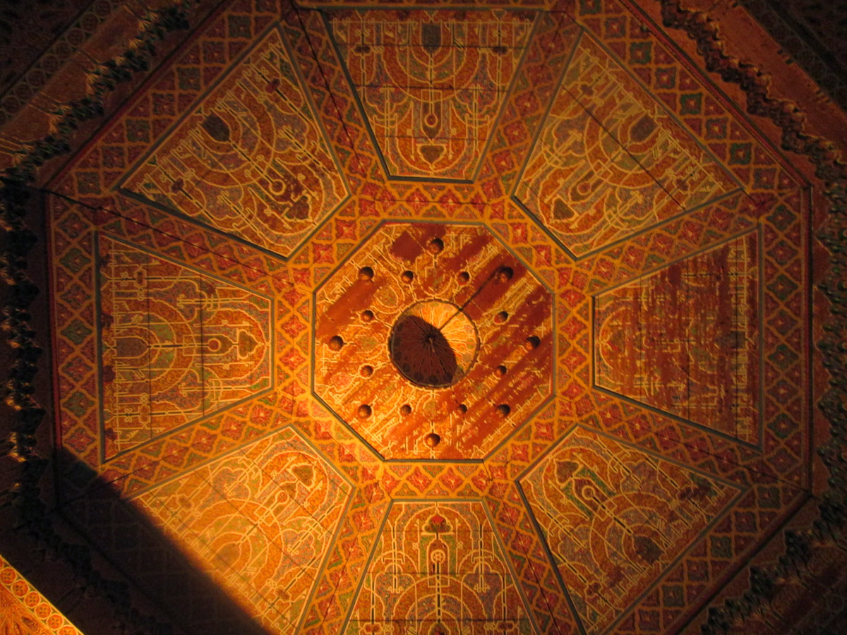 An impressive painted wood ceiling in El Bahia Palace in Marrakesh Morocco