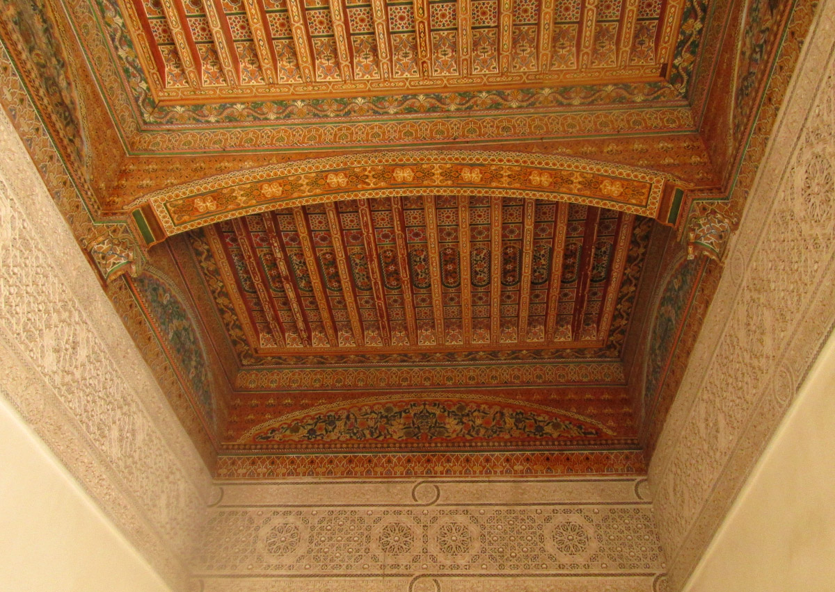 An impressive painted wood ceiling in El Bahia Palace in Marrakesh Morocco